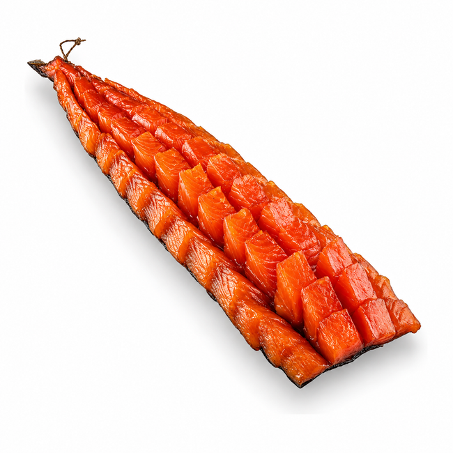 Smoked lightly salted yukola salmon on a white background