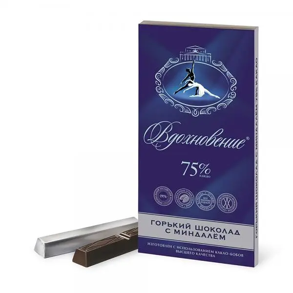 Vdohnovenie 75% Dark Chocolate Bar with Almond, 90g image